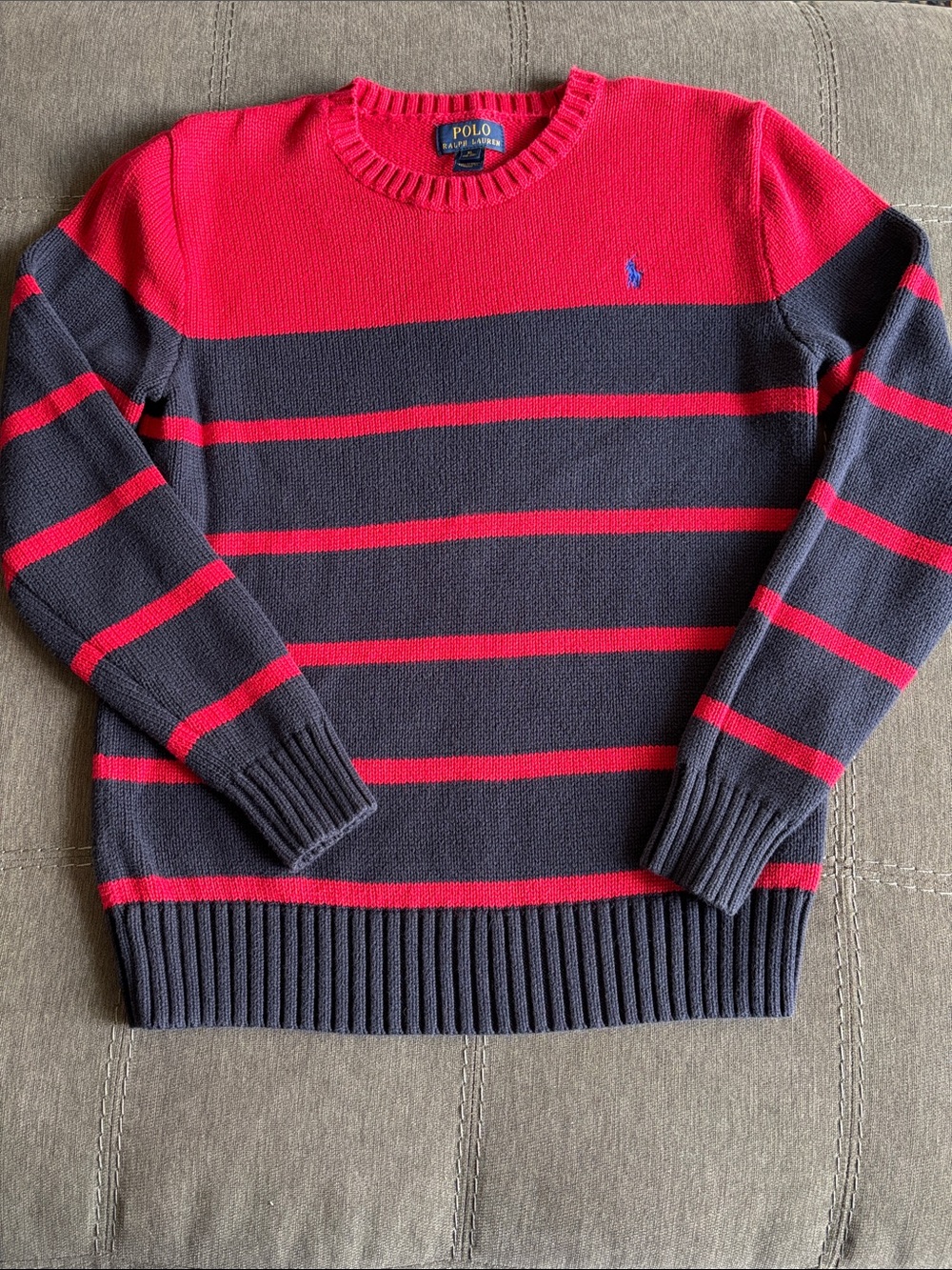 Polo by Ralph Lauren XL Crewneck Knit Sweater in Red and Navy Stripes